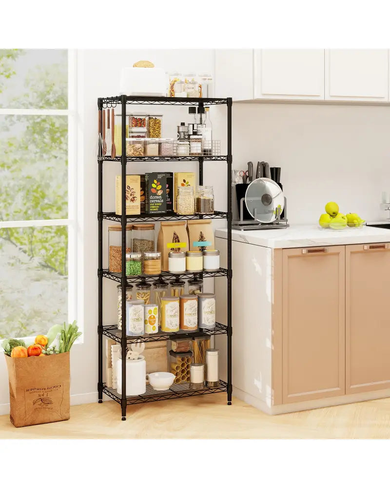 Set of 2 6-Tier Metal Storage Shelving Unit with V-Shaped Wire Rack and 900 LBS Capacity-Black - Black - Garages