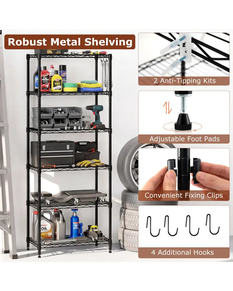 Set of 2 6-Tier Metal Storage Shelving Unit with V-Shaped Wire Rack and 900 LBS Capacity-Black - Black - Garages