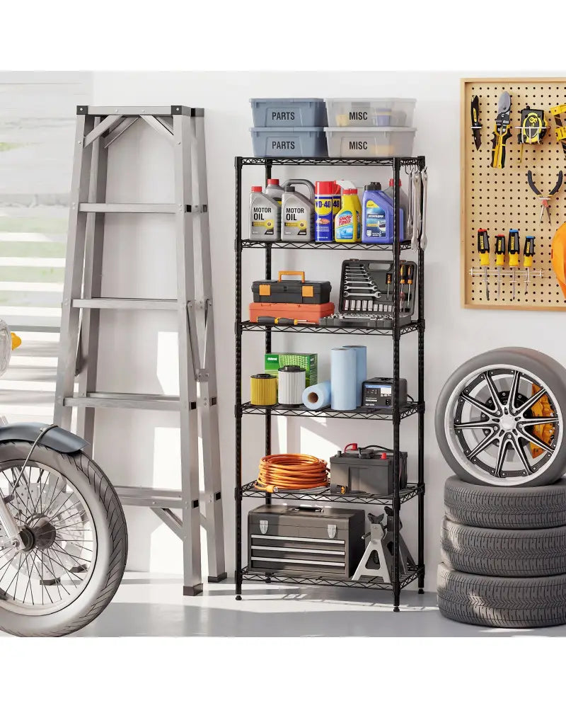 Set of 2 6-Tier Metal Storage Shelving Unit with V-Shaped Wire Rack and 900 LBS Capacity-Black - Black - Garages