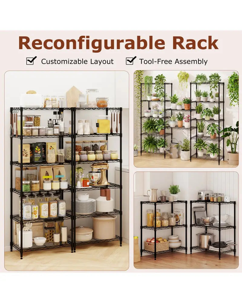 Set of 2 6-Tier Metal Storage Shelving Unit with V-Shaped Wire Rack and 900 LBS Capacity-Black - Black - Garages