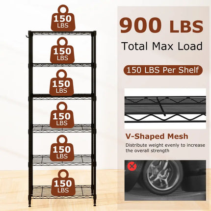 Set of 2 6-Tier Metal Storage Shelving Unit with V-Shaped Wire Rack and 900 LBS Capacity-Black - Black - Garages