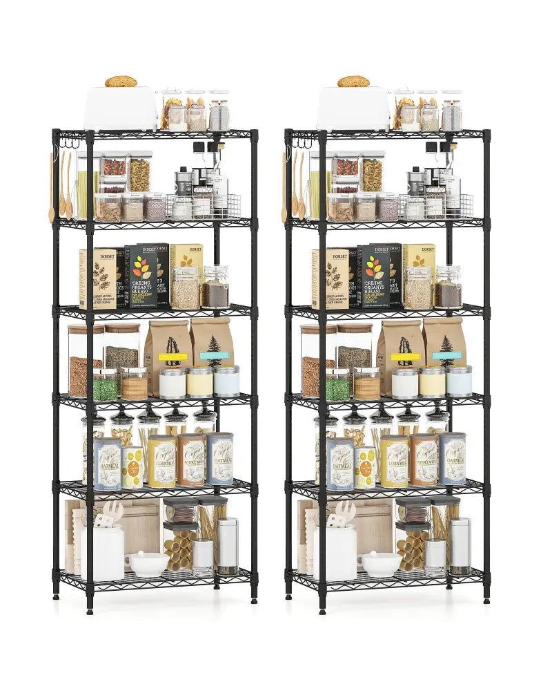 Set of 2 6-Tier Metal Storage Shelving Unit with V-Shaped Wire Rack and 900 LBS Capacity-Black - Black - Garages