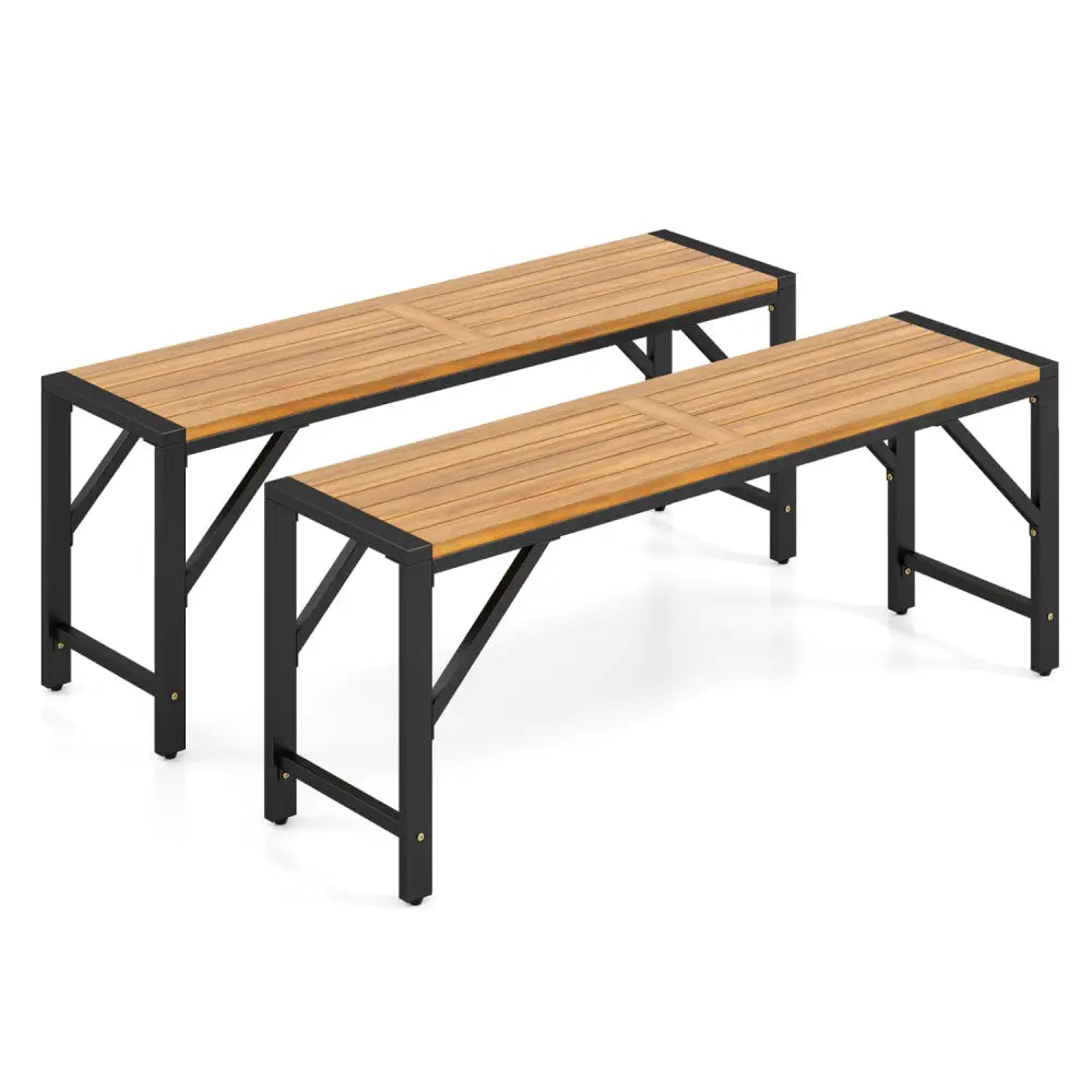 Set of 2 Acacia Wood Outdoor Bench 47.5’’ with Slatted Seat for Backyard - Outdoor Benches