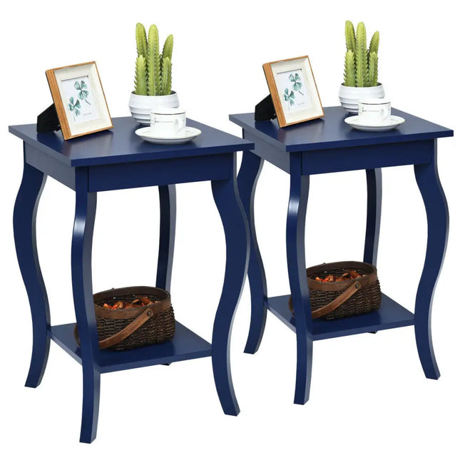 Set of 2 Accent Side Tables with Shelf-Blue - Blue - End & Side Tables