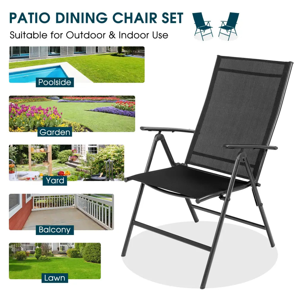 Set of 2 Adjustable Portable Patio Folding Dining Chair Recliners-Black - Black - Patio Dining Chairs