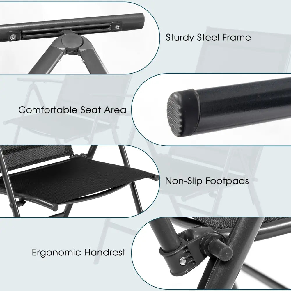 Set of 2 Adjustable Portable Patio Folding Dining Chair Recliners-Black - Black - Patio Dining Chairs