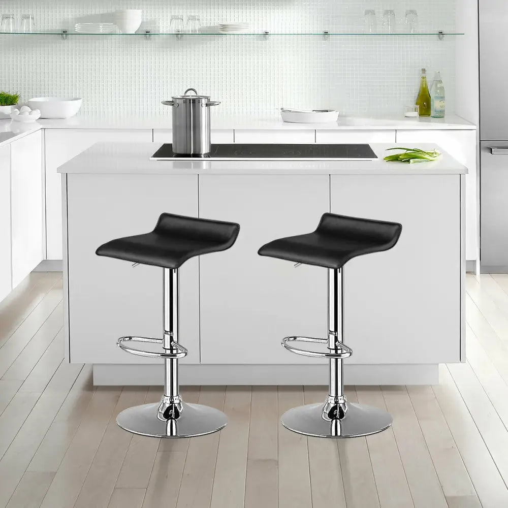 Set of 2 Adjustable PU Leather Backless Bar Stools-Black - Black - Bar Stools