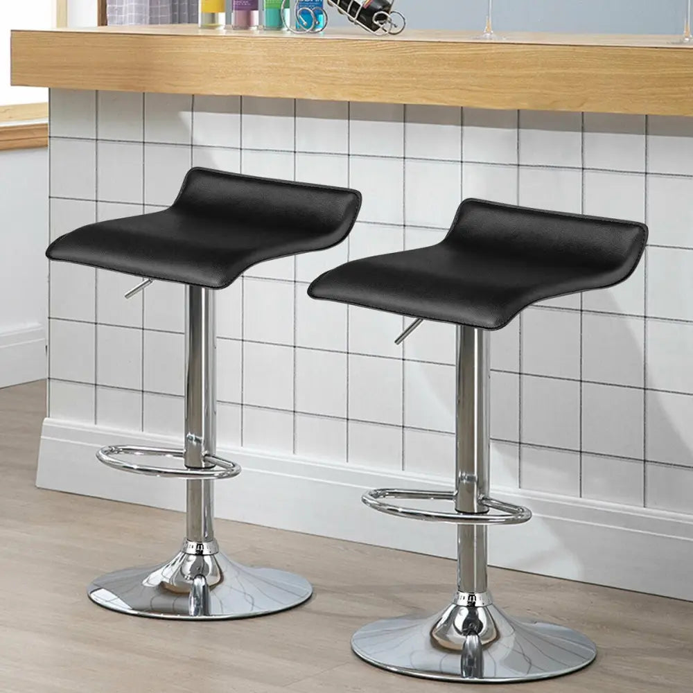 Set of 2 Adjustable PU Leather Backless Bar Stools-Black - Black - Bar Stools