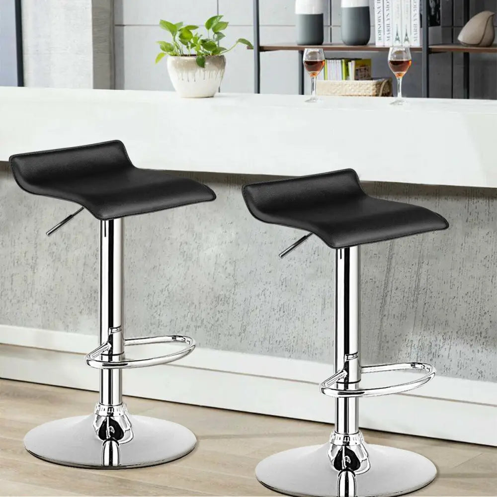 Set of 2 Adjustable PU Leather Backless Bar Stools-Black - Black - Bar Stools