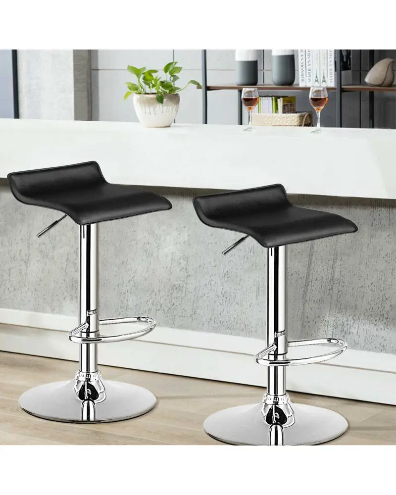 Set of 2 Adjustable PU Leather Backless Bar Stools-Black - Black - Bar Stools