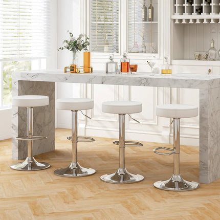 Set of 2 Adjustable Round PU Leather Swivel Barstool with Chrome Footrest-White - White - Bar Stools