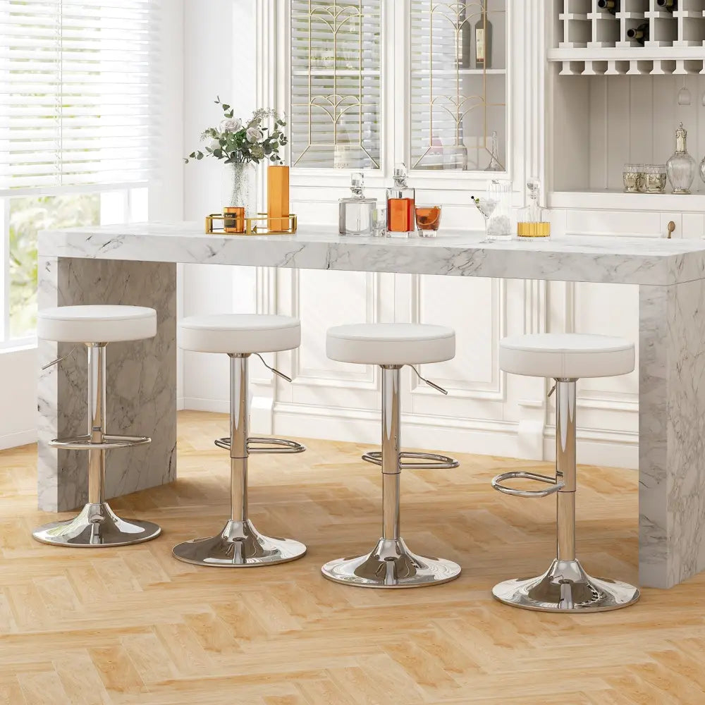 Set of 2 Adjustable Round PU Leather Swivel Barstool with Chrome Footrest-White - White - Bar Stools