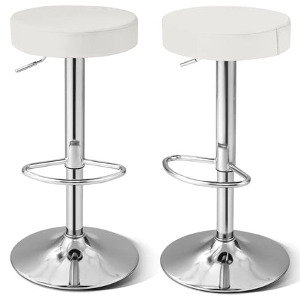 Set of 2 Adjustable Round PU Leather Swivel Barstool with Chrome Footrest-White - White - Bar Stools