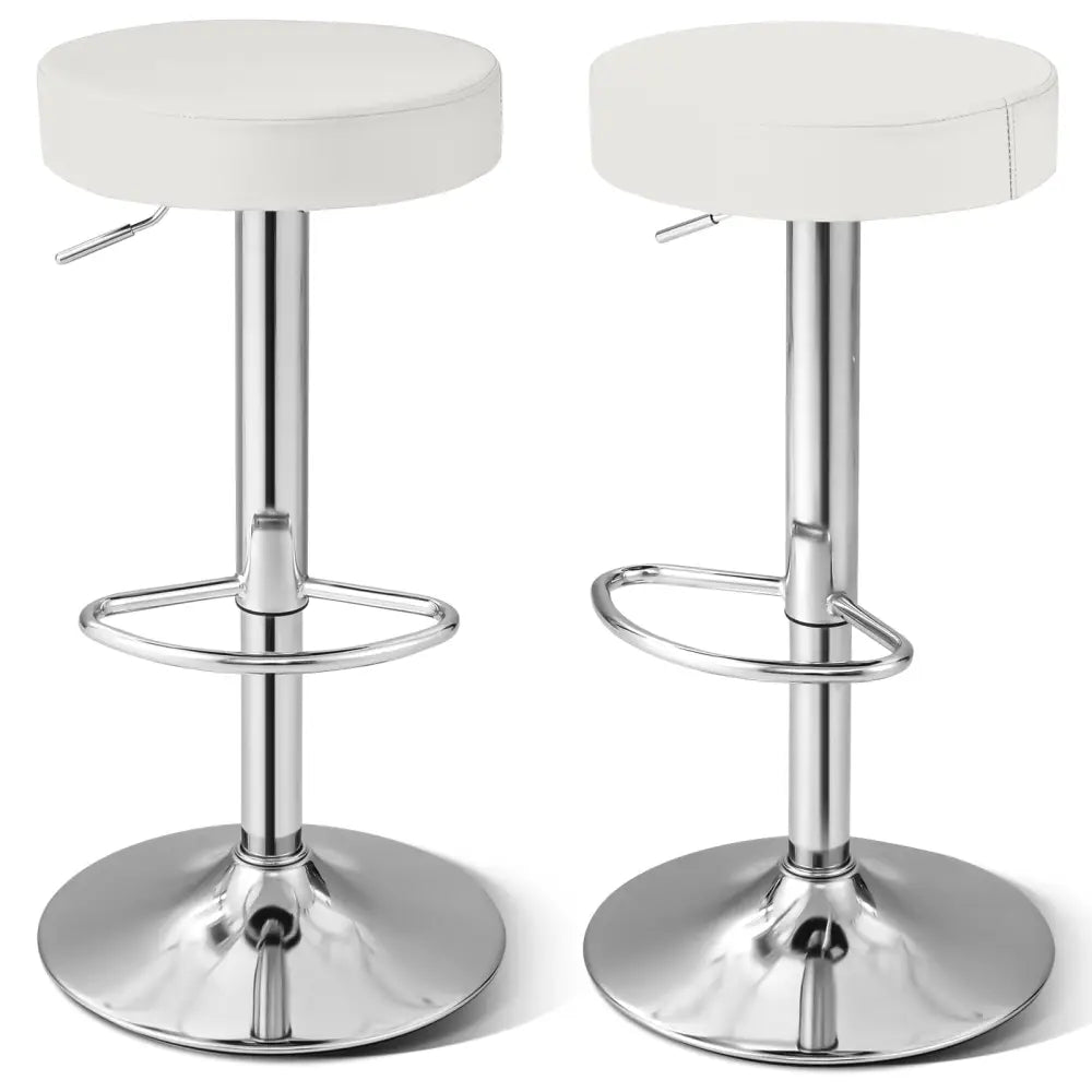 Set of 2 Adjustable Round PU Leather Swivel Barstool with Chrome Footrest-White - White - Bar Stools