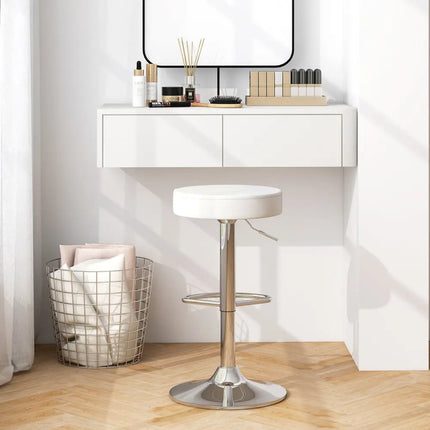Set of 2 Adjustable Round PU Leather Swivel Barstool with Chrome Footrest-White - White - Bar Stools