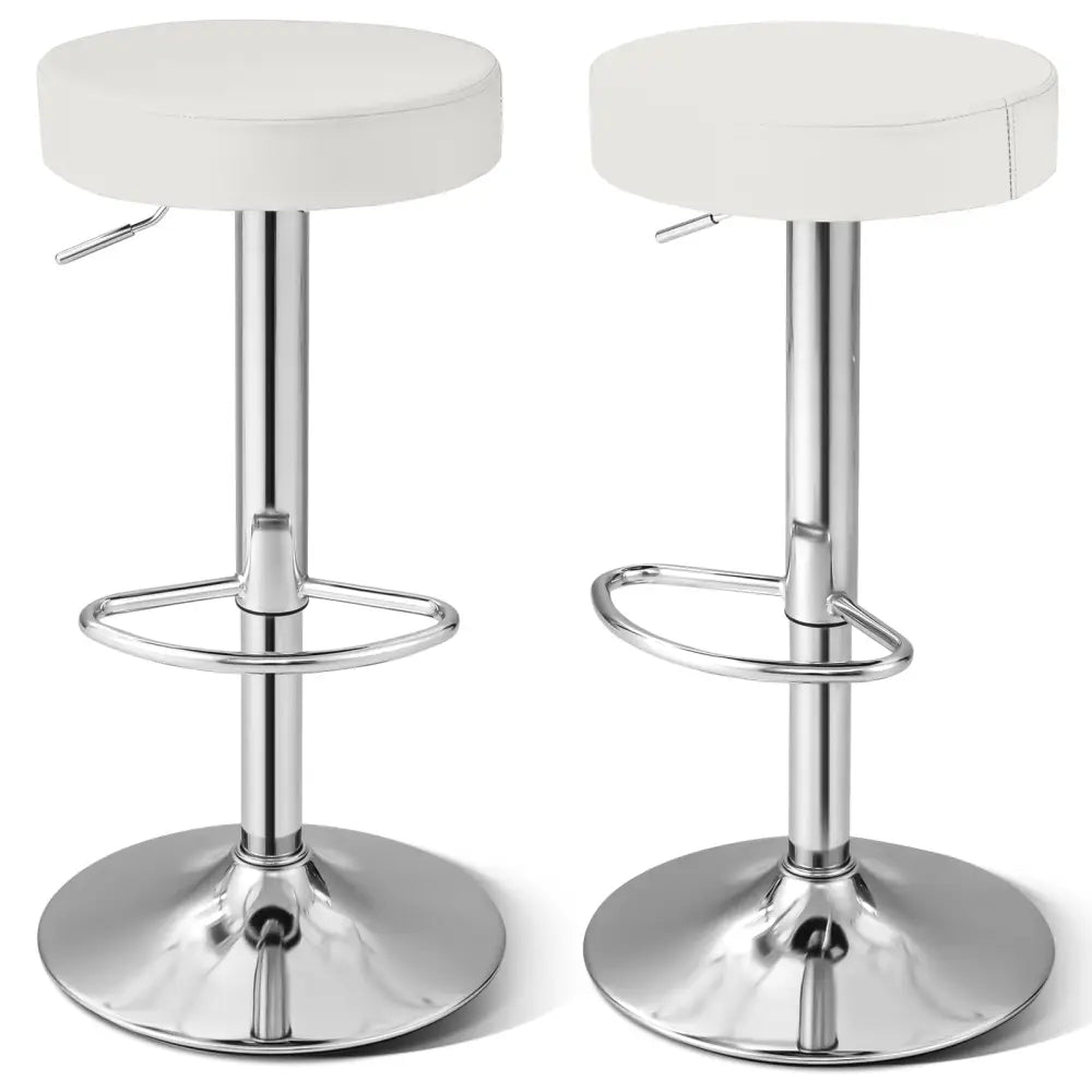 Set of 2 Adjustable Round PU Leather Swivel Barstool with Chrome Footrest-White - White - Bar Stools