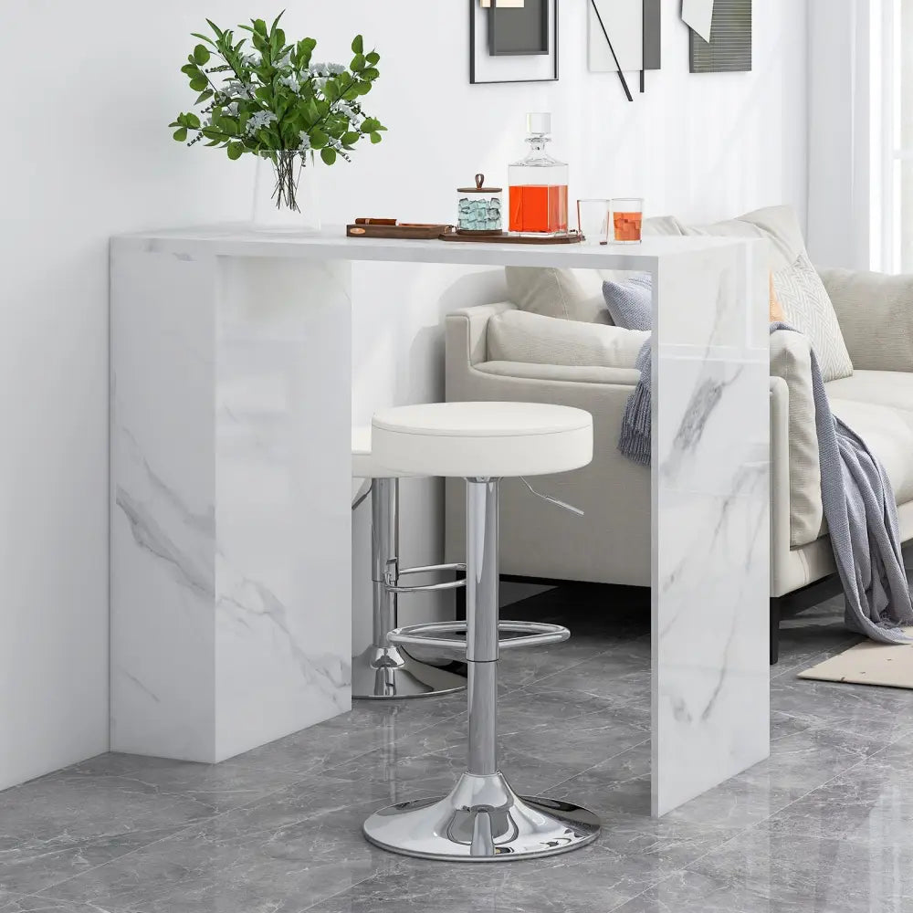 Set of 2 Adjustable Round PU Leather Swivel Barstool with Chrome Footrest-White - White - Bar Stools