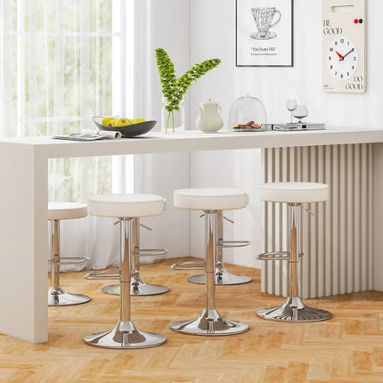Set of 2 Adjustable Round PU Leather Swivel Barstool with Chrome Footrest-White - White - Bar Stools