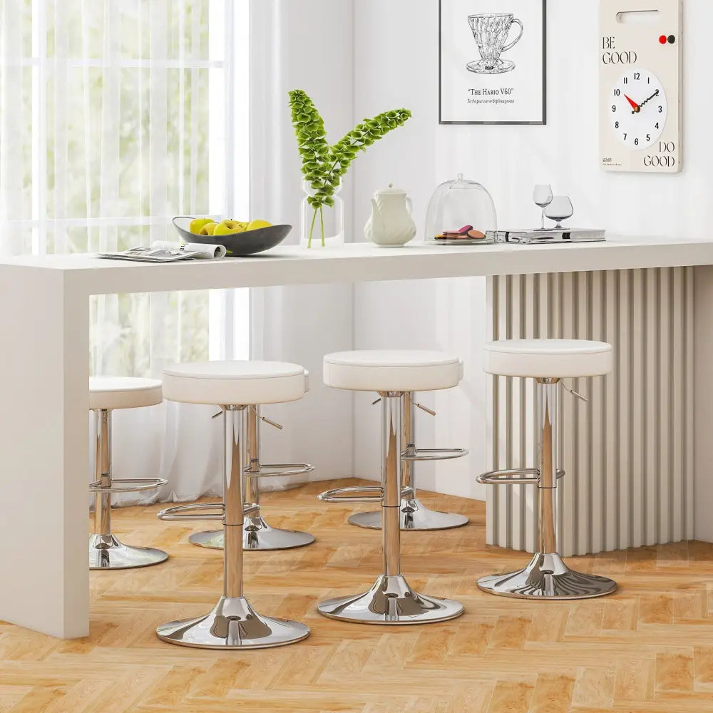 Set of 2 Adjustable Round PU Leather Swivel Barstool with Chrome Footrest-White - White - Bar Stools