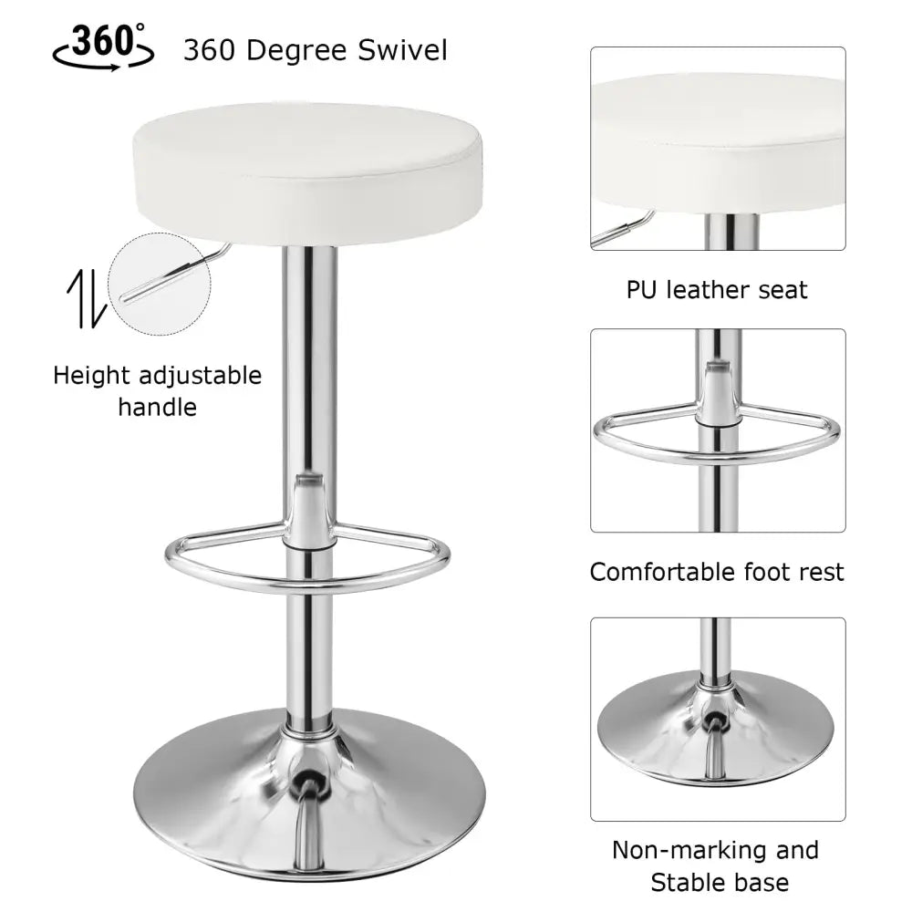 Set of 2 Adjustable Round PU Leather Swivel Barstool with Chrome Footrest-White - White - Bar Stools