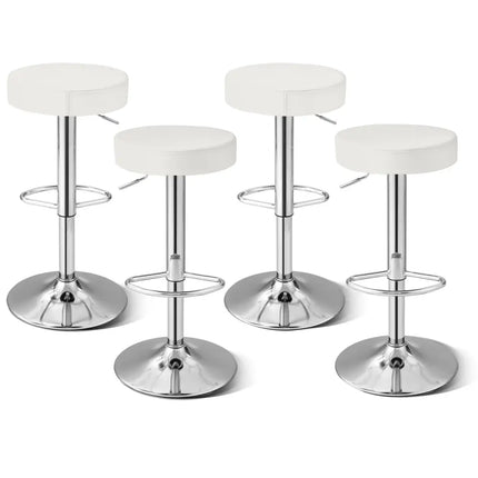 Set of 2 Adjustable Round PU Leather Swivel Barstool with Chrome Footrest-White - White - Bar Stools