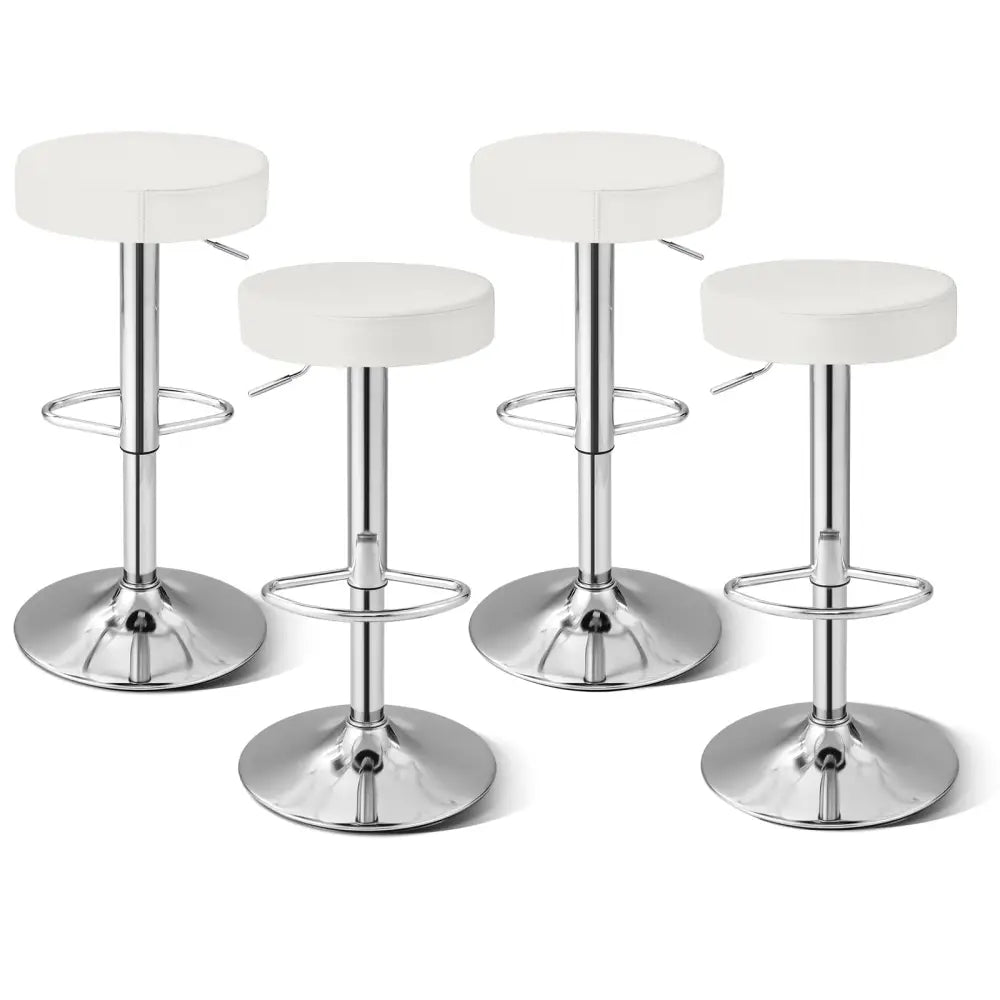 Set of 2 Adjustable Round PU Leather Swivel Barstool with Chrome Footrest-White - White - Bar Stools