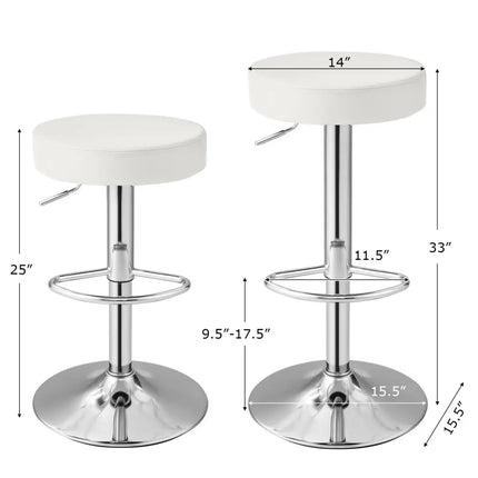 Set of 2 Adjustable Round PU Leather Swivel Barstool with Chrome Footrest-White - White - Bar Stools