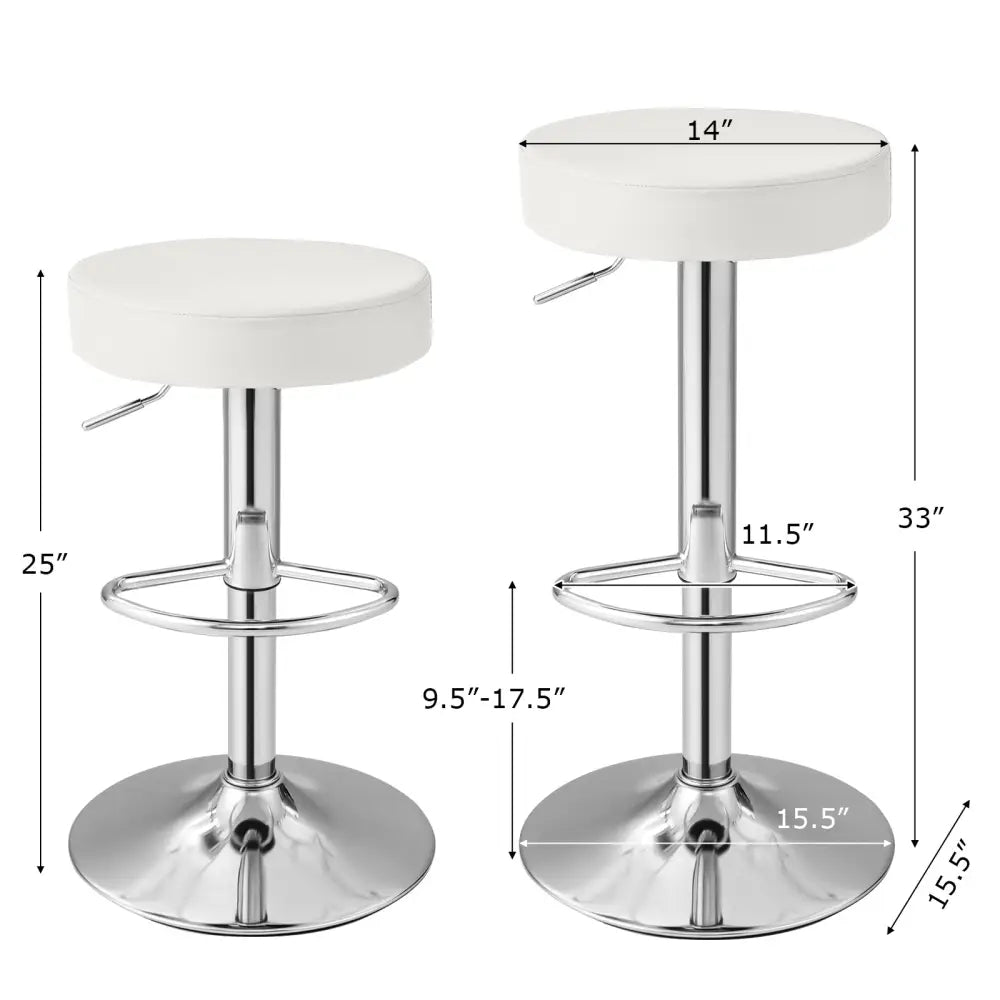 Set of 2 Adjustable Round PU Leather Swivel Barstool with Chrome Footrest-White - White - Bar Stools