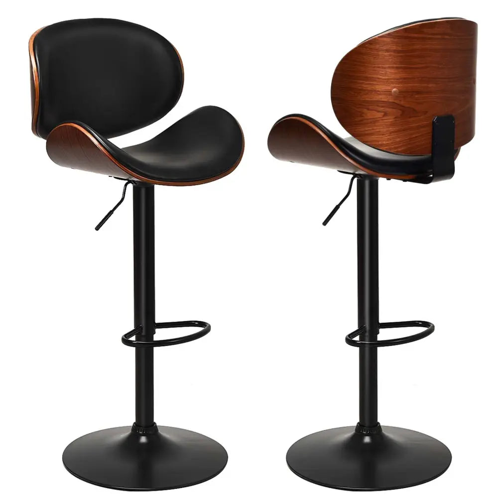 Set of 2 Adjustable Swivel PU Leather Bar Stools with Curved Footrest - Brown - Bar Stools