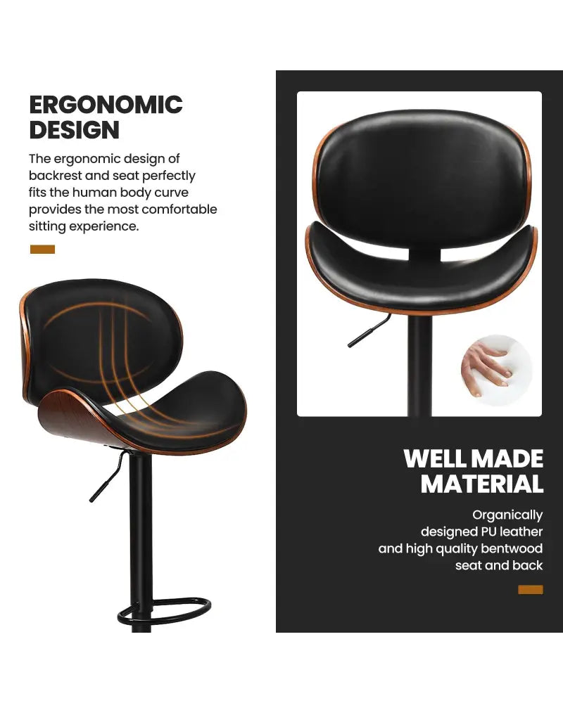 Set of 2 Adjustable Swivel PU Leather Bar Stools with Curved Footrest - Brown - Bar Stools