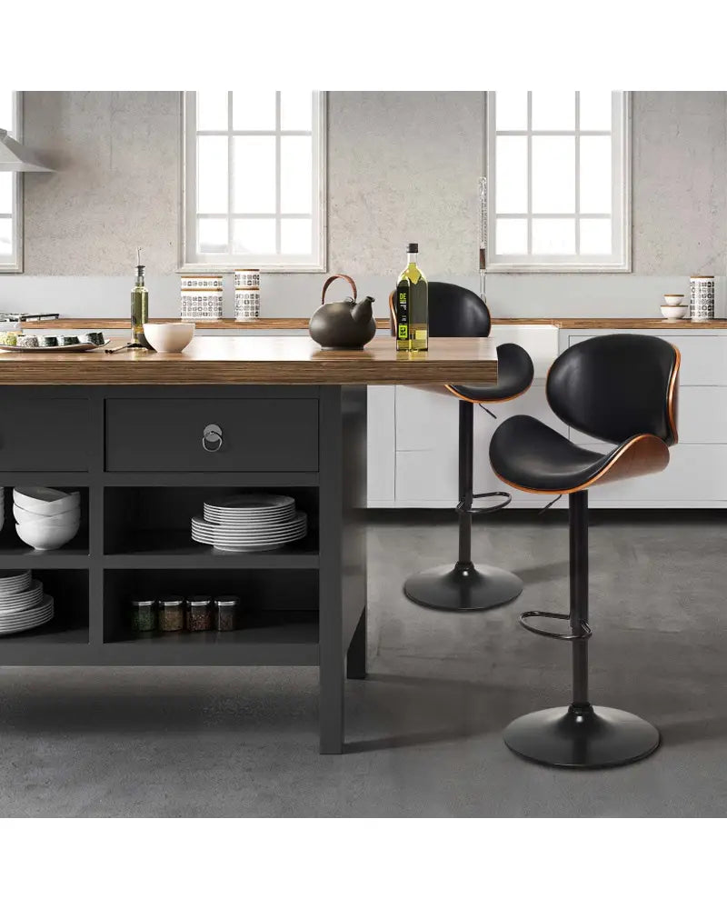 Set of 2 Adjustable Swivel PU Leather Bar Stools with Curved Footrest - Brown - Bar Stools