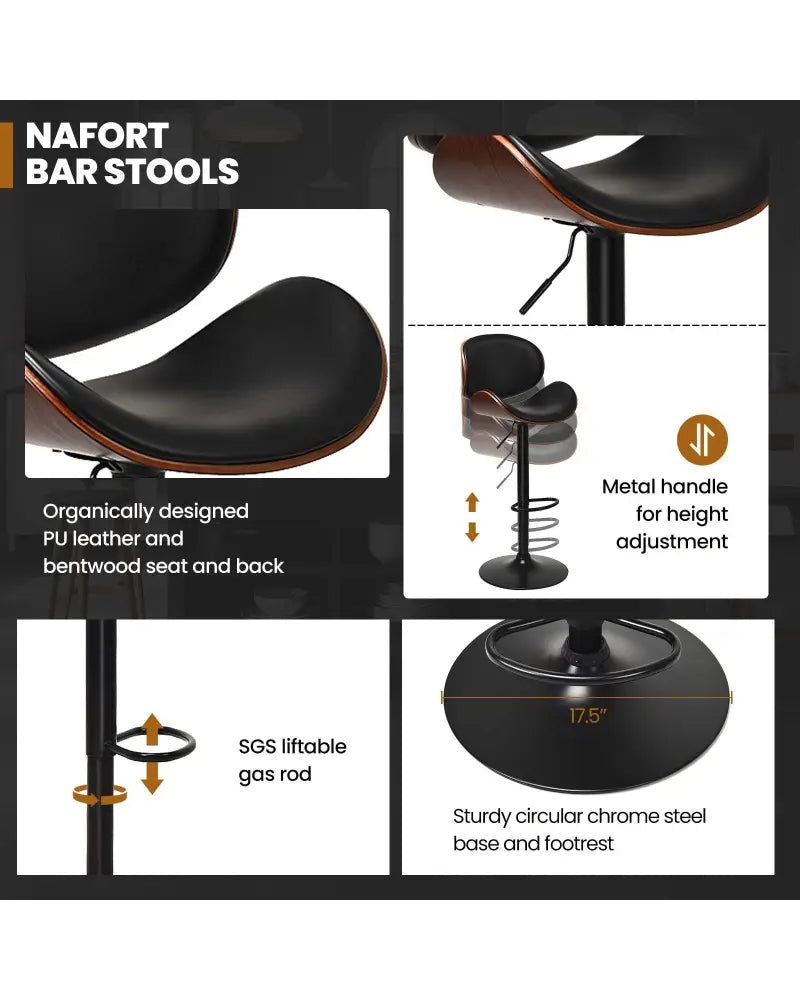 Set of 2 Adjustable Swivel PU Leather Bar Stools with Curved Footrest - Brown - Bar Stools