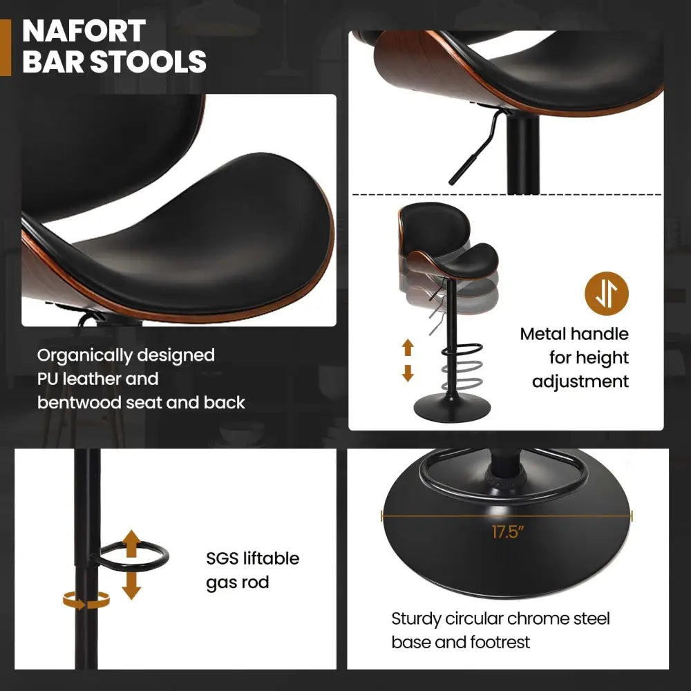 Set of 2 Adjustable Swivel PU Leather Bar Stools with Curved Footrest - Brown - Bar Stools
