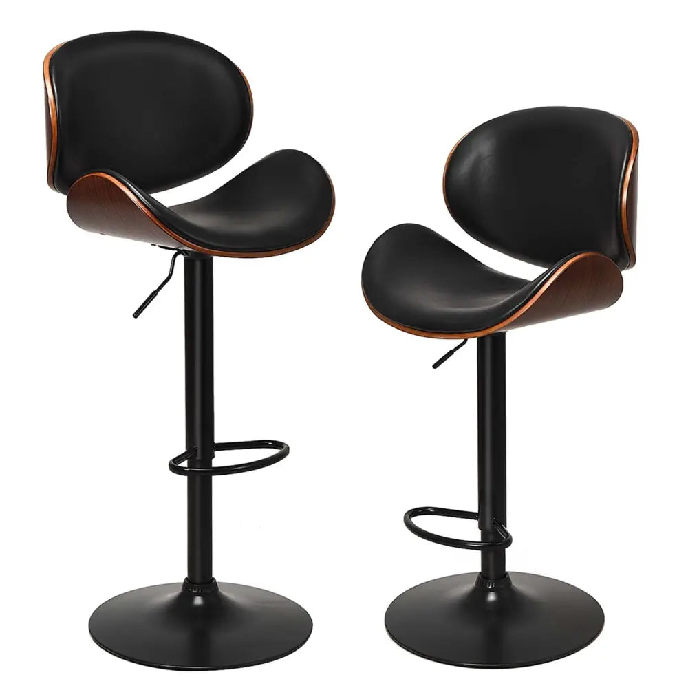 Set of 2 Adjustable Swivel PU Leather Bar Stools with Curved Footrest - Brown - Bar Stools
