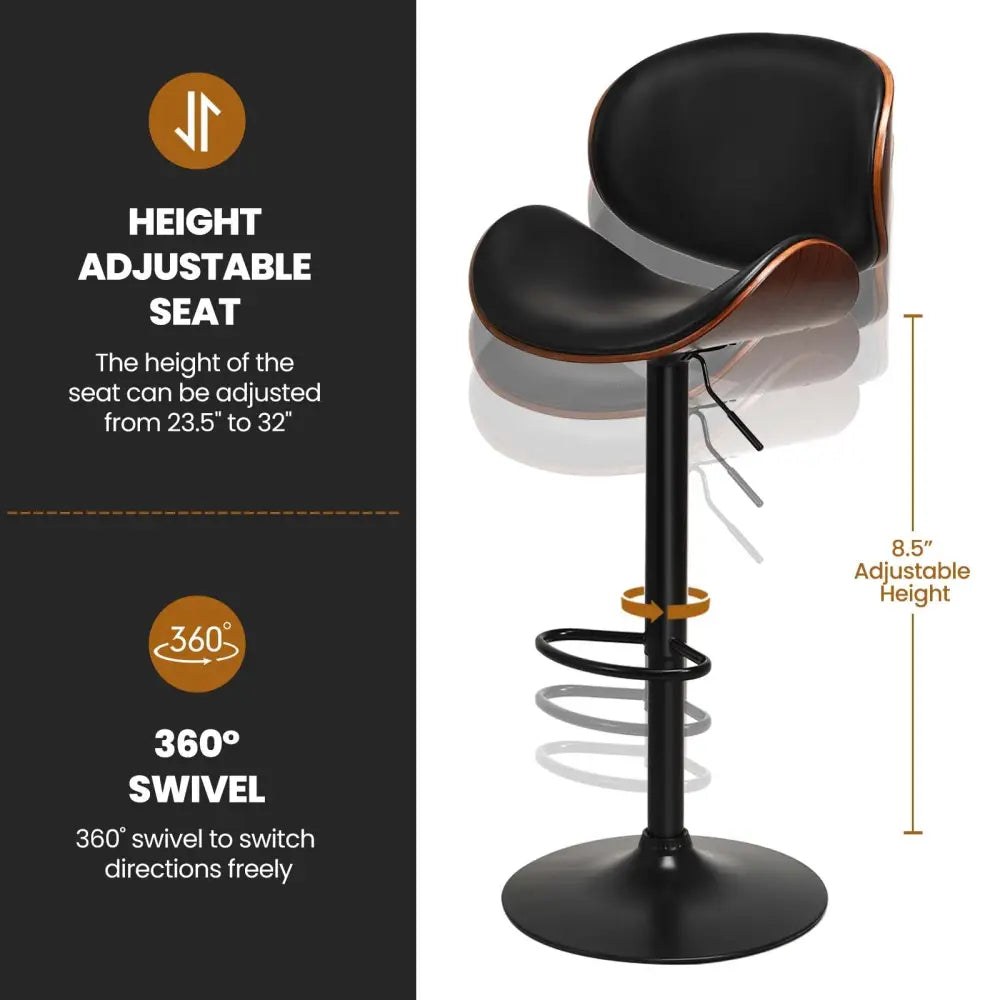 Set of 2 Adjustable Swivel PU Leather Bar Stools with Curved Footrest - Brown - Bar Stools