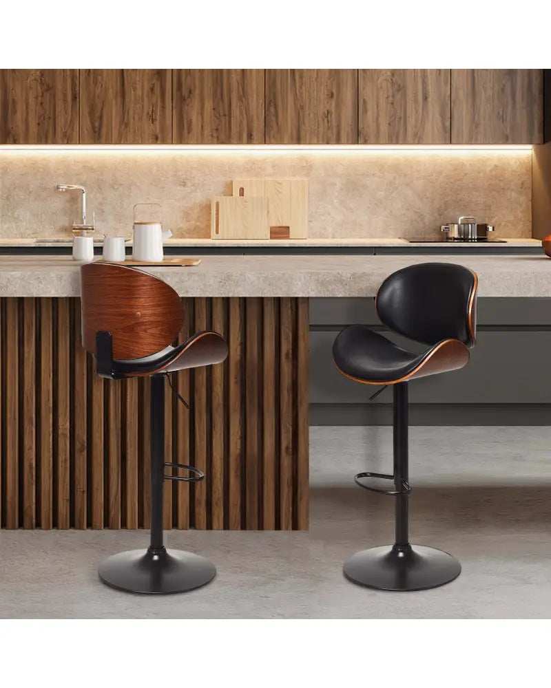Set of 2 Adjustable Swivel PU Leather Bar Stools with Curved Footrest - Brown - Bar Stools
