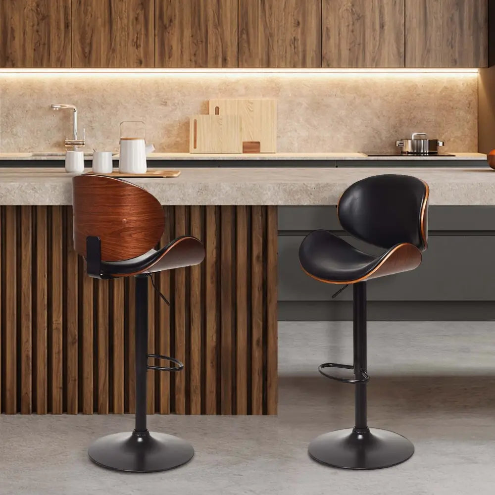 Set of 2 Adjustable Swivel PU Leather Bar Stools with Curved Footrest - Brown - Bar Stools