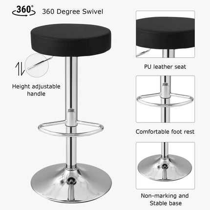 Set of 2 Adjustable Swivel Round Bar Stool Pub Chairs-Black - Black - Bar Stools