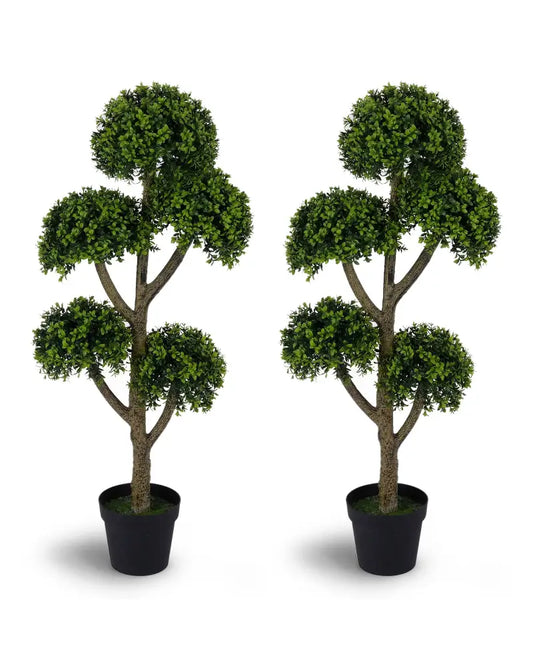 Set of 2 Artificial Boxwood Topiary Tree 46-Inch with 5 Ball-Shaped Topiaries - Green - Faux Plants