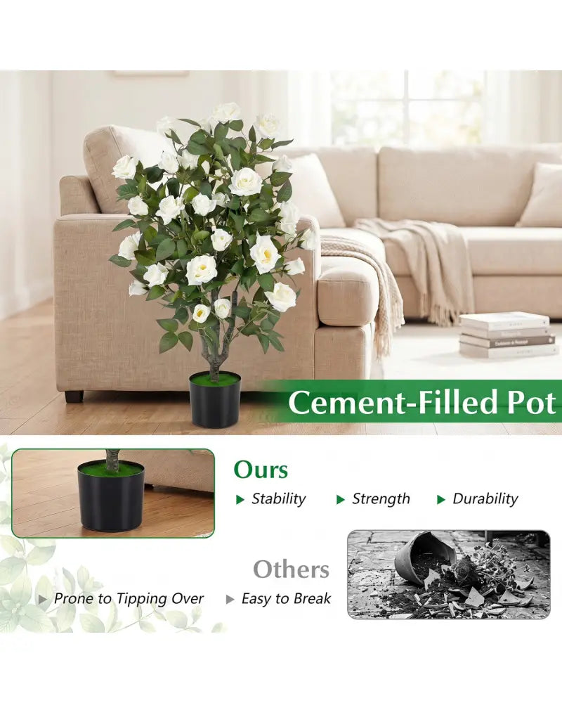 Set of 2 Artificial Rose Tree with Blooming Flowers and Green Leaves for Indoor-White - White - Faux Plants