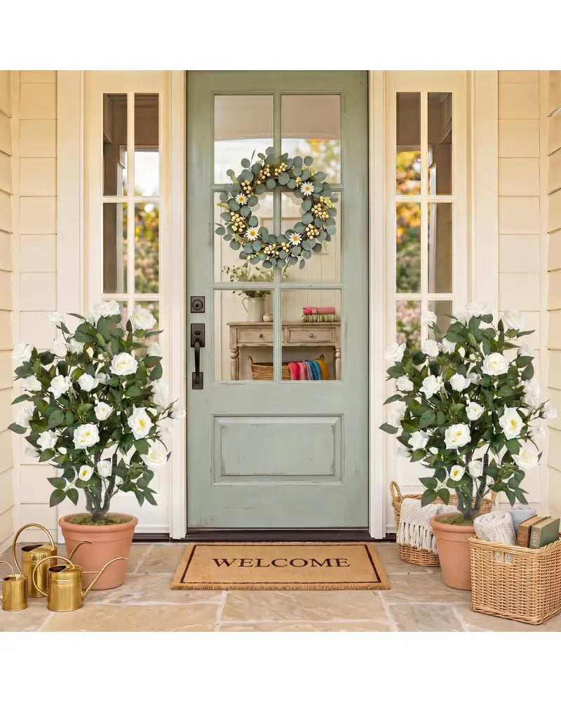 Set of 2 Artificial Rose Tree with Blooming Flowers and Green Leaves for Indoor-White - White - Faux Plants