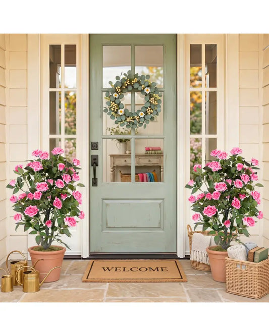 Set of 2 Artificial Rose Tree with Blooming Flowers and Green Leaves for Indoor-Pink - Pink - Faux Plants