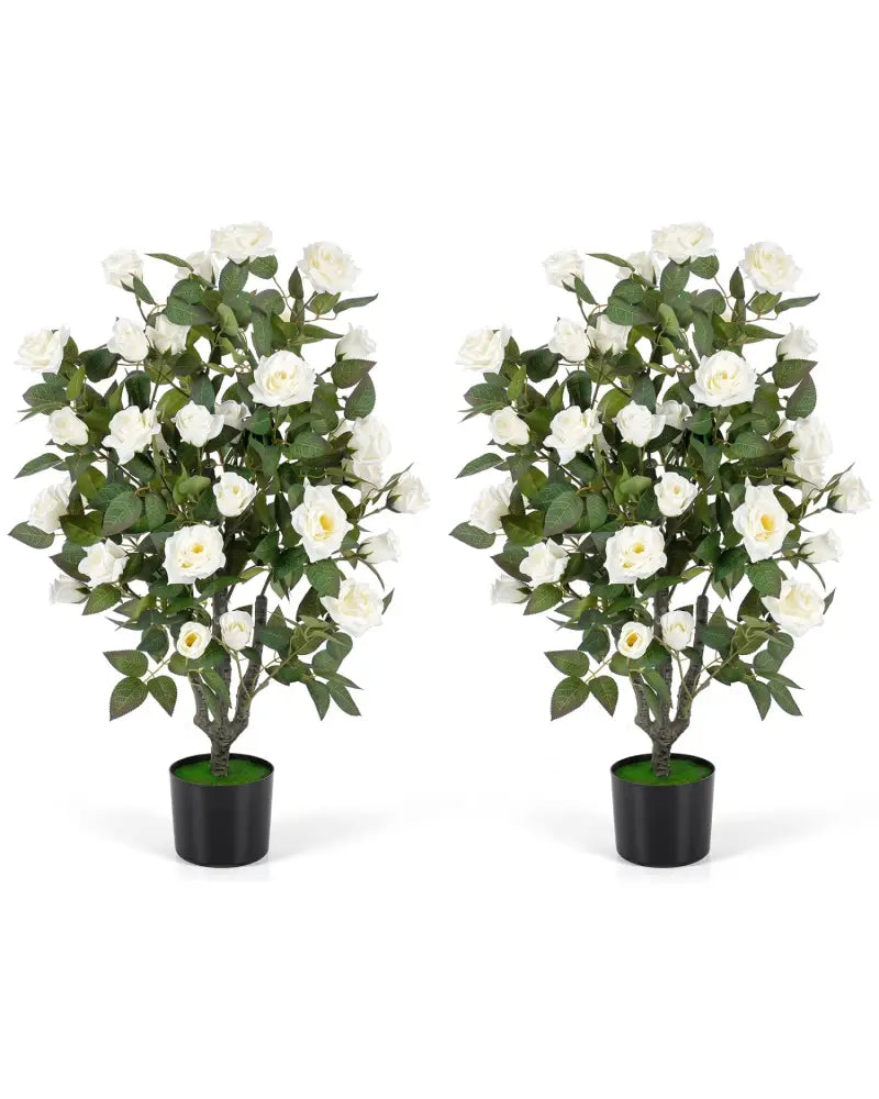 Set of 2 Artificial Rose Tree with Blooming Flowers and Green Leaves for Indoor-White - White - Faux Plants