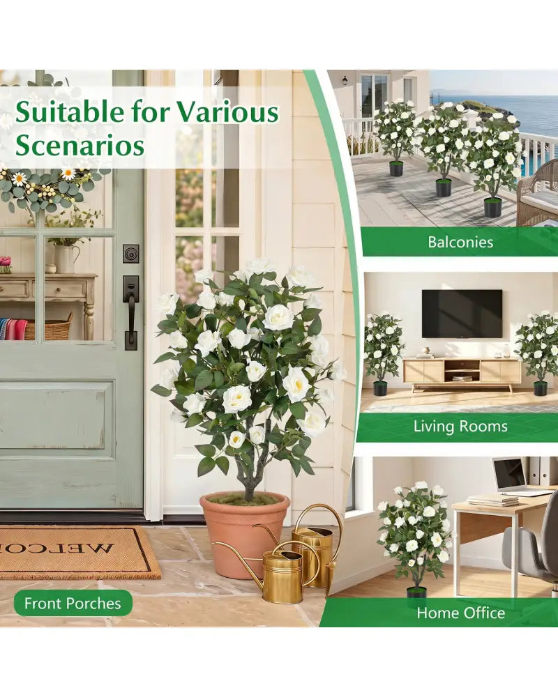 Set of 2 Artificial Rose Tree with Blooming Flowers and Green Leaves for Indoor-White - White - Faux Plants
