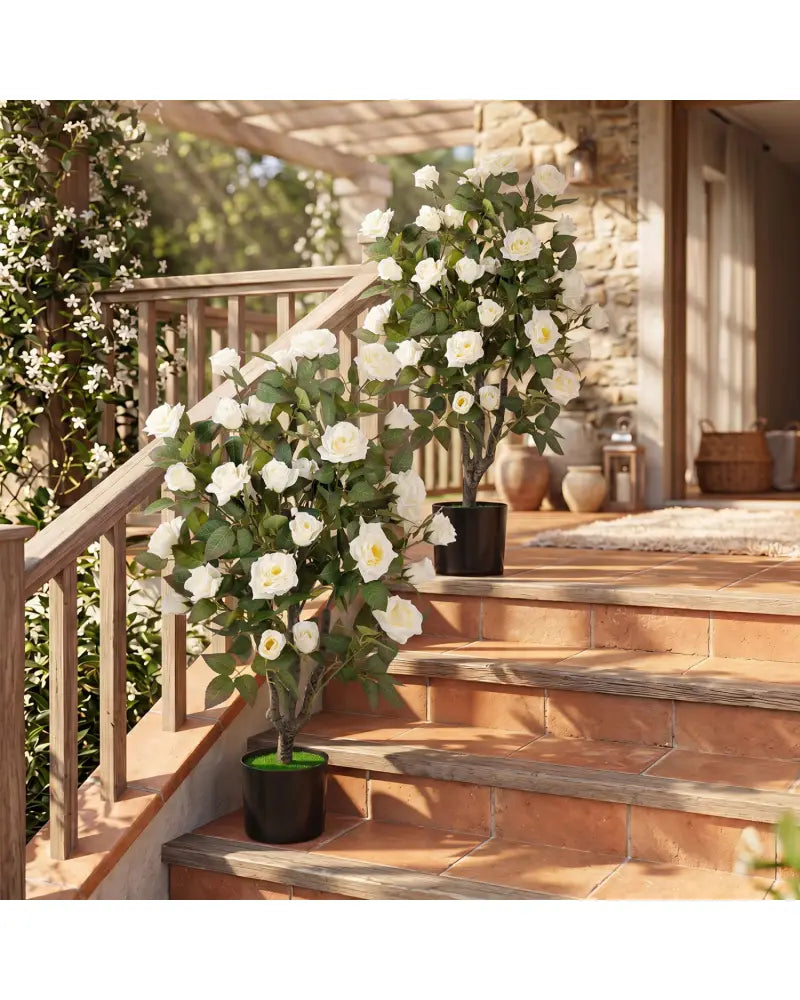 Set of 2 Artificial Rose Tree with Blooming Flowers and Green Leaves for Indoor-White - White - Faux Plants