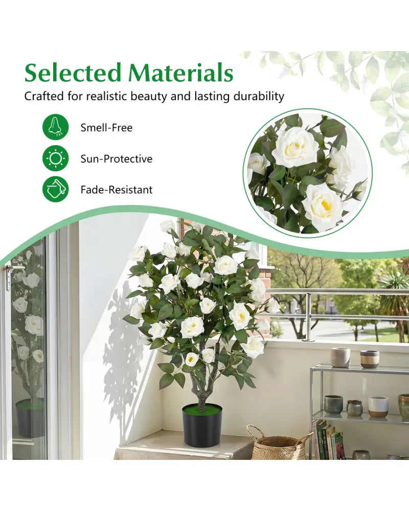 Set of 2 Artificial Rose Tree with Blooming Flowers and Green Leaves for Indoor-White - White - Faux Plants