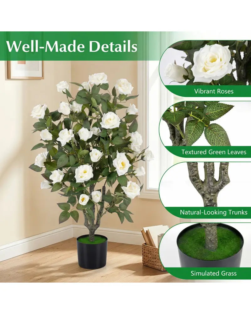 Set of 2 Artificial Rose Tree with Blooming Flowers and Green Leaves for Indoor-White - White - Faux Plants