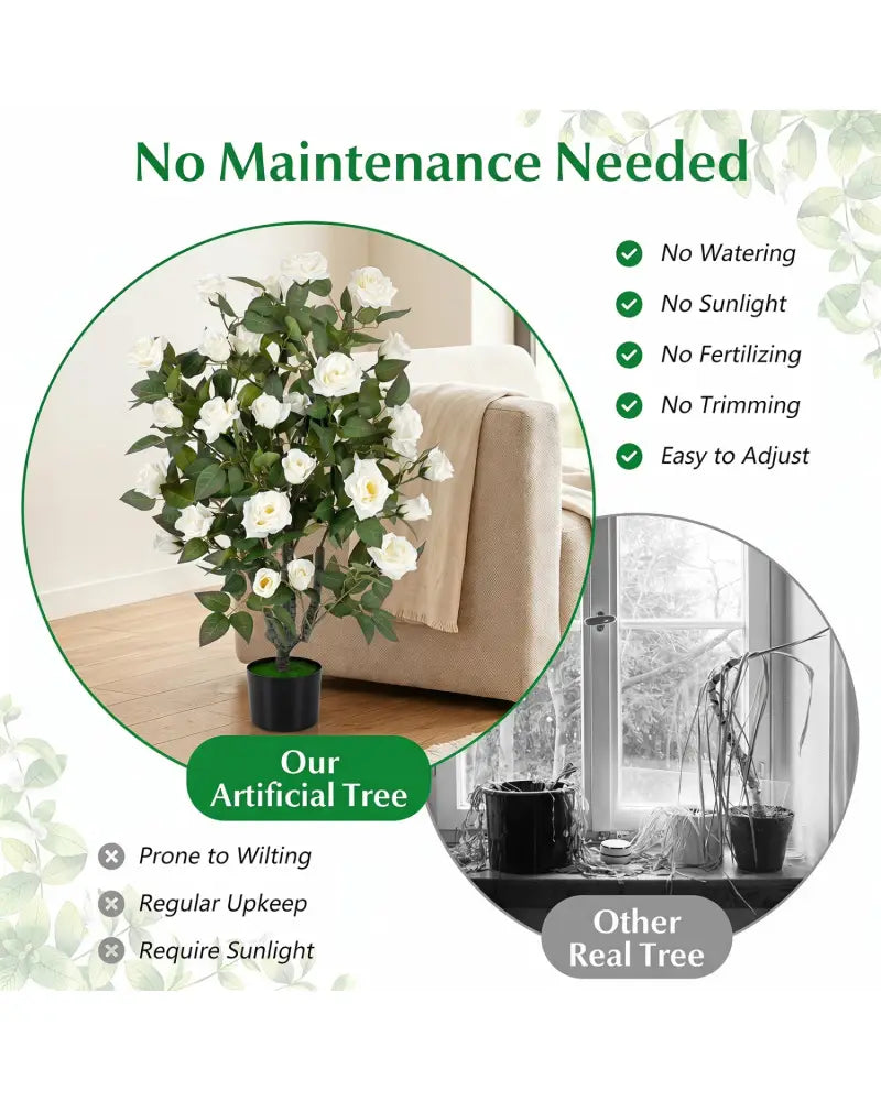 Set of 2 Artificial Rose Tree with Blooming Flowers and Green Leaves for Indoor-White - White - Faux Plants
