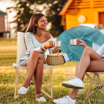 Set of 2 Bamboo Dorm Chair with Storage Pocket for Camping and Fishing-Beige - Beige - Camping Furniture