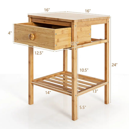 Set of 2 Bamboo End Tables with Drawer and Open Shelf-Natural - Natural - Nightstands